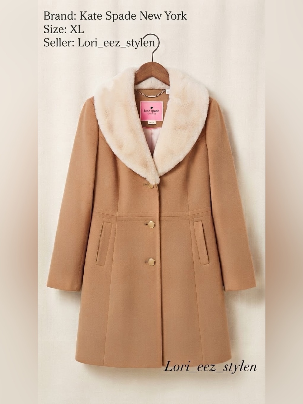 kate spade Camel Wool Blend Coat with Cream removable Faux Fur Collar